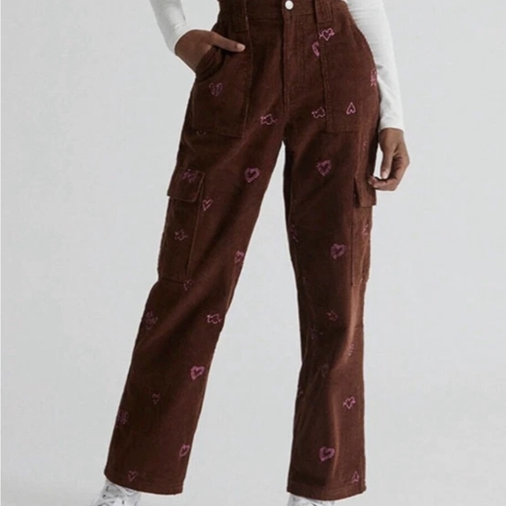 PacSun Brown Straight Leg Pants with Pink Heart Accents